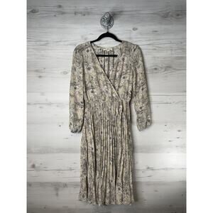 Iris Bloom Dress Womens Small Beige Floral Pleated Midi Surplice V Neck Wrap